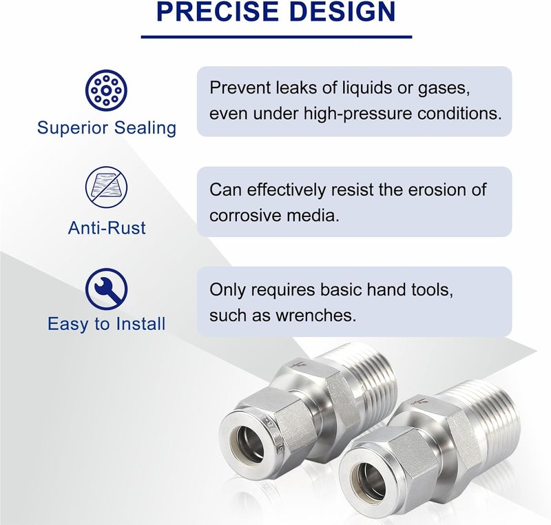 VALVENTO 2Pcs 316 Stainless Steel Compression Tube Fitting 3/8" OD x 3/8" NPT Male Straight Adapter Connector with Double Ferrules for Oil, Chemical, and Natural Gas Connections - Image 5